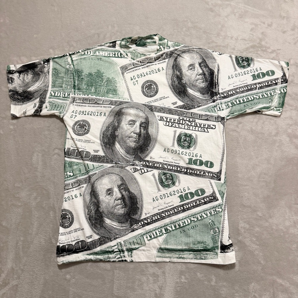 VTG Accord Benjamin Franklin T-Shirt Men XL AOP $100 Dollar Bill Hip Hop 90s Y2K